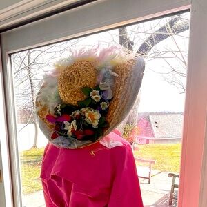 Floral Decorated Straw Hat with Pink Accents